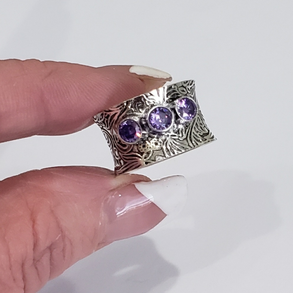 Amethyst ring, 925 silver amethyst ring, silver amethyst wide band ring - Picture 11 of 12